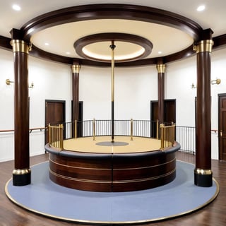 (((Modern Horse Stable,Mahogany Wood, Brass bars and rings, Large Room, Exercise Rink in center of the room, Four Feet Tall Metal pillar embedded in the center of rink, swivel friction brake on top of pillar,Twenty-Five feet Horizontal iron bar on top of swivel)))