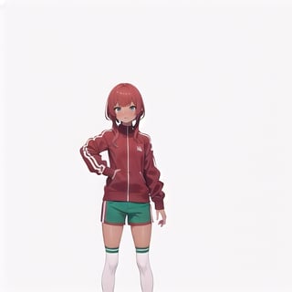 A girl in a tracksuit ,dark skin red hair bangs