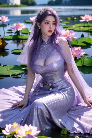 masterpiece,1girl,(mature female:0.5),tall body,full  body,golden proportions,(Kpop idol),(shiny skin:1.2),(oil skin:1.1),makeup,(close up),depth of field,(closed mouth:0.5),((long wavy purple hair)),(puffy eyes),(eyelashes:1.1),(parted lips:1.1),red lipstick,fantasy art style,dreamy light,(high neck light purple wedding dress:1.69),(light purple wedding dress:1.59),(Holographic colorful:1.52),(Holographic,lace:1.49),perfect body,(dreamy veil:1.3),(dusk:1.2),(princess shoes:1.1),(diamond necklace),(crystal hairpin),tyndall effect,highres,(Sitting on the grass by the river:1.56), (lotus pond full of lotus flowers:1.69), (huge breasts:1.79),(Flowers:1.69)