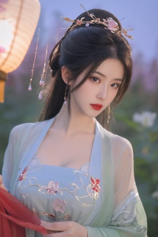  (masterpiece, best quality:1.2),1girl, navel, solo, midriff, bare shoulders, lantern, hair ornament, flower, hair flower, paper lantern, black hair, red lips, looking at viewer, chinese clothes, (light purple-green-blue dress:1.23), purple eyes,blurry, solo focus, long hair, lips, night, lipstick, outdoors, upper body, blurry,(huge breasts:2.39),(full breasts:1.99) ,background, solo, makeup, hair bun,Xyunluo,Xningyudie