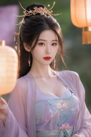  (masterpiece, best quality:1.2),1girl, navel, solo, midriff, bare shoulders, lantern, hair ornament, flower, hair flower, paper lantern, black hair, red lips, looking at viewer, chinese clothes, (light purple-green-blue dress:1.23), purple eyes,blurry, solo focus, long hair, lips, night, lipstick, outdoors, upper body, blurry,(huge breasts:2.39),(full breasts:1.99) ,background, solo, makeup, hair bun,Xyunluo,Xningyudie