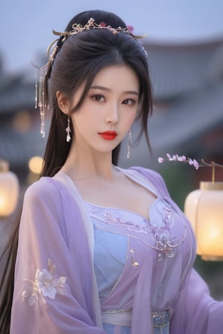  (masterpiece, best quality:1.2),1girl, navel, solo, midriff, bare shoulders, lantern, hair ornament, flower, hair flower, paper lantern, black hair, red lips, looking at viewer, chinese clothes, (light purple-green-blue dress:1.23), purple eyes,blurry, solo focus, long hair, lips, night, lipstick, outdoors, upper body, blurry,(huge breasts:2.59),(full breasts:1.99) ,background, solo, makeup, hair bun,Xyunluo,Xningyudie