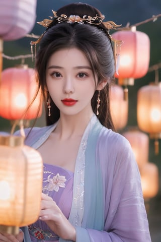  (masterpiece, best quality:1.2),1girl, navel, solo, midriff, bare shoulders, lantern, hair ornament, flower, hair flower, paper lantern, black hair, red lips, looking at viewer, chinese clothes, (light purple-green-blue dress:1.23), purple eyes,blurry, solo focus, long hair, lips, night, lipstick, outdoors, upper body, blurry,(huge breasts:2.34), background, solo, makeup, hair bun,Xyunluo,Xningyudie