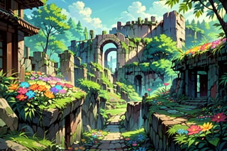 score_9,score_8_up,score_7_up,score_6_up, 2d, (source_anime), anime screencap, scenery, Cinematic composition, landscape, ruins, forest, stone path, trees, sunny sky, parted clouds, grass, colorful flowers, intricate_details_xl,