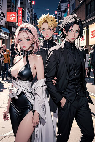 1girl, 2boys, 1girl with short pink hair and green eyes named Sakura Haruno, 1boy with black hair and black eyes named Sasuke Uchiha, 1boy with blond hair and blue eyes named Naruto Uzumaki, friends, team 7, elegant clothes, evening gown, suit, event, festival, chic, harunoshipp, Sasukeanime, hairband,Sasuke Uchiha ,Naruto uzumaki , forehead protector