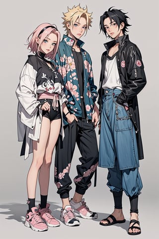 1girl, 2boys, 1girl with short pink hair and green eyes named Sakura Haruno, 1boy with black hair and black eyes named Sasuke Uchiha, 1boy with blond hair and blue eyes named Naruto Uzumaki, friends, team 7, street fashion, fashion, catwalk, posing, pose, accessories, fierce look, harunoshipp, Sasukeanime, hairband,Sasuke Uchiha ,Naruto uzumaki , forehead protector