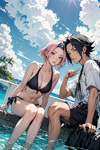 1girl, 1boy, 1girl with short pink hair and green eyes named Sakura Haruno, 1boy with black hair and black eyes named Sasuke Uchiha, couple, beach, summer, bikini, swim trunks, water, sea, ocean, underwater, hot, fun, harunoshipp, Sasukeanime, hairband,Sasuke Uchiha ,Naruto uzumaki , forehead protector