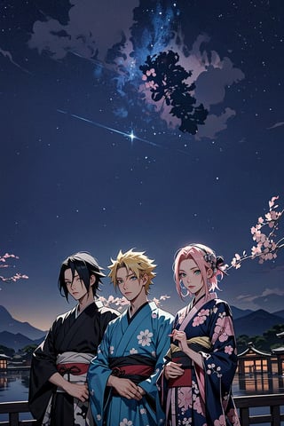 1girl, 2boys, 1girl with short pink hair and green eyes named Sakura Haruno, 1boy with black hair and black eyes named Sasuke Uchiha, 1boy with blond hair and blue eyes named Naruto Uzumaki, friends, team 7, asian clothes, japanese clothes, chinese clothes, ancient japan, ancient china, kimono, qipao, harunoshipp, Sasukeanime, hairband,Sasuke Uchiha ,Naruto uzumaki , forehead protector