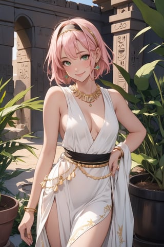 1girl, solo, small breasts, looking at viewer, smile, bangs, green eyes, pink hair, short hair, dress, cleavage, jewelry, cowboy shot, hairband, earrings, necklace, bracelet, no bra, sideboob, ring, gem, armlet, white dress, gold, yellow hairband,harunoshipp, sleeveless shirt, harunonewera, forehead mark, egypt dress, sleeveless,egyptian clothes,haruno sakura, black sash,egypt