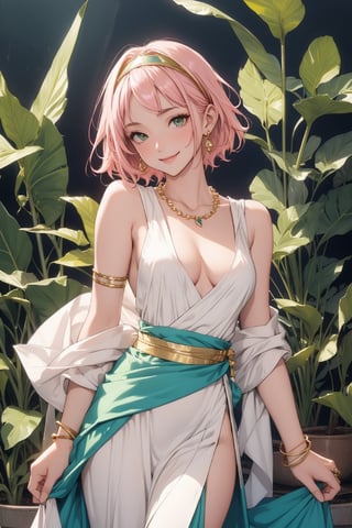 1girl, solo, small breasts, looking at viewer, smile, bangs, green eyes, pink hair, short hair, dress, cleavage, jewelry, cowboy shot, hairband, earrings, necklace, bracelet, no bra, sideboob, ring, gem, armlet, white dress, gold, yellow hairband,harunoshipp, sleeveless shirt, harunonewera, forehead mark, egypt dress, sleeveless,egyptian clothes,haruno sakura, black sash,egypt