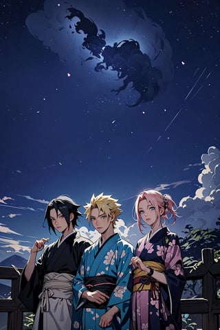 1girl, 2boys, 1girl with short pink hair and green eyes named Sakura Haruno, 1boy with black hair and black eyes named Sasuke Uchiha, 1boy with blond hair and blue eyes named Naruto Uzumaki, friends, team 7, asian clothes, japanese clothes, chinese clothes, ancient japan, ancient china, kimono, qipao, harunoshipp, Sasukeanime, hairband,Sasuke Uchiha ,Naruto uzumaki , forehead protector