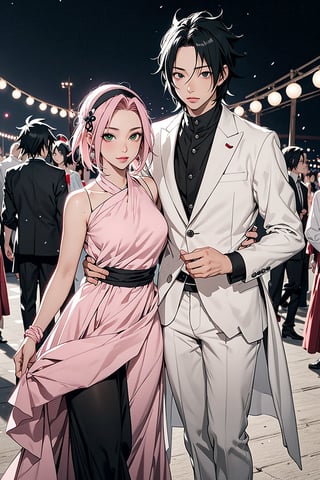 1girl, 1boy, 1girl with short pink hair and green eyes named Sakura Haruno, 1boy with black hair and black eyes named Sasuke Uchiha, couple, elegant dress, suit, event, festival, festive, date, elegant, harunoshipp, Sasukeanime, hairband,Sasuke Uchiha, forehead protector