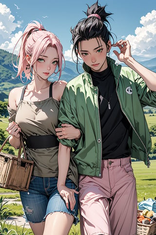 1girl with short pink hair and green eyes named Sakura Haruno, 1man with long black hair in a high ponytail and black eyes named Shikamaru Nara, hiking, picnic, napping, break, nature, relax, cozy, harunoshipp