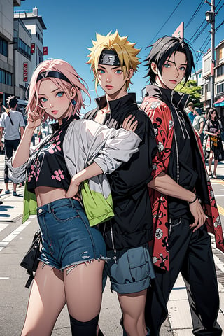 1girl, 2boys, 1girl with short pink hair and green eyes named Sakura Haruno, 1boy with black hair and black eyes named Sasuke Uchiha, 1boy with blond hair and blue eyes named Naruto Uzumaki, friends, team 7, street fashion, fashion, catwalk, posing, pose, accessories, fierce look, harunoshipp, Sasukeanime, hairband,Sasuke Uchiha ,Naruto uzumaki , forehead protector