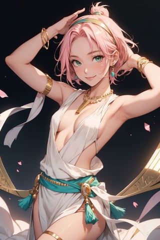 1girl, solo, small breasts, looking at viewer, smile, bangs, green eyes, pink hair, short hair, dress, cleavage, jewelry, cowboy shot, hairband, earrings, armpits, necklace, arms up, bracelet, no bra, sideboob, ring, gem, armlet, white dress, gold, yellow hairband,harunoshipp, sleeveless shirt, harunonewera, forehead mark, egypt dress, sleeveless,egyptian clothes,haruno sakura, black sash,egypt