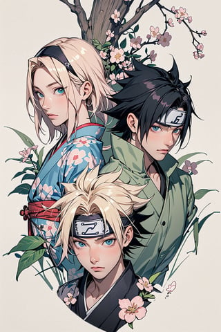 1girl, 2boys, 1girl with short pink hair and green eyes named Sakura Haruno, 1boy with black hair and black eyes named Sasuke Uchiha, 1boy with blond hair and blue eyes named Naruto Uzumaki, friends, team 7, asian clothes, japanese clothes, chinese clothes, ancient japan, ancient china, kimono, qipao, harunoshipp, Sasukeanime, hairband,Sasuke Uchiha ,Naruto uzumaki , forehead protector