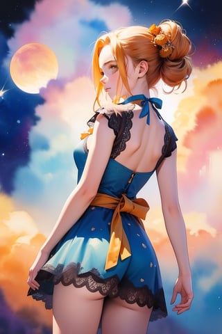 4k ultra high resolution, 1 girl, From behind, turn body to the front right side, one piece yellow and orange lace dress, bow tie on waist, 1girl,space,masterpiece, best quality, aesthetic,watercolor \(medium\),wat3rc0l0r