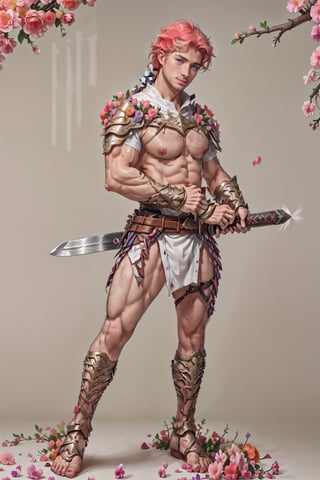 wearing armor, armor, 1man, pink bedroom background, white cover with gold,  wearing mini white skirt, slender boy , shy face  , pink braid hair , cute face , blue eyes, man body, sweaty body , sexy face, pink florest backwards , naked , full male body, male  ,flower4rmor,thicc , well done details, full of details , ,battoujutsu