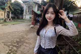 Myanmar_places,PrettyLadyxmcc,wearing acmmsayarma outfit,smile, park green,dressuni241,((1_girls)),