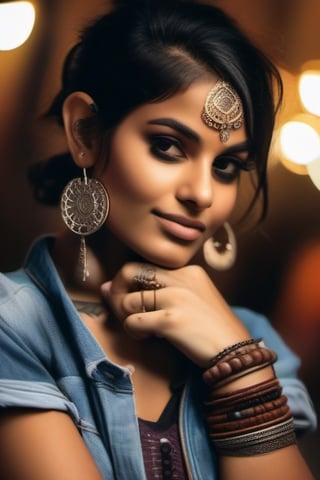 dusky skin, brown eyes, sharp features, small nose ring, neck tattoo, bindi on forehead, lots of bracelets on hand and rings on fingers, indian blouse with denim jacket, dark indian temple background

