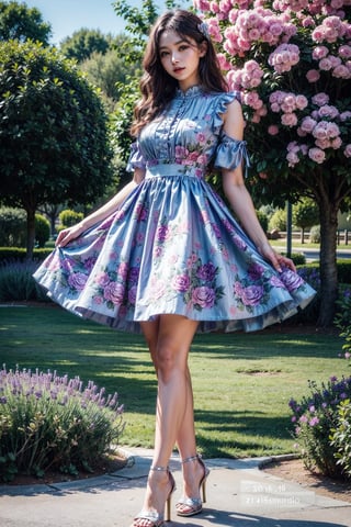 A woman wearing a floral dress and high heels stands in a lavender garden, posing while looking at the audience, 16K, detailed