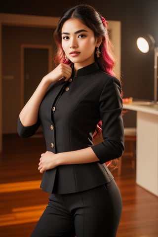 a beautiful indian  girl wearing a black suit and giving a good pose and lighting background in studio and an ai inlfuencer and a colorful hair and pretty face and eyes pretty  more differnet pose