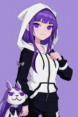 1girl, solo, long hair, breasts, looking at viewer, smile, bangs, simple background, shirt, black hair, bow, ribbon, green eyes, upper body, purple hair, hood, blunt bangs, bowtie, hoodie, black bow, border, hood down, white border, purple background, white hoodie