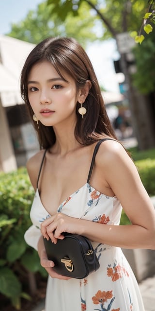 1girl, solo, dress, breasts, long_hair, realistic, looking_at_viewer, jewelry, earrings, outdoors, cleavage, black_hair, brown_hair, medium_breasts, brown_eyes, handbag, blurry_background, lips, floral_print, blurry, bag, holding, white_dress, bare_shoulders