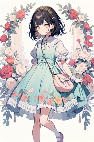 //Character
1-girl, short black hair, red flower diadem, yellow eyes
Blake
//Fashion 
Vintage Chic Puff Sleeve Shirt Dress
Design,Fabric, Soft, lightweight cotton with vintage floral print in pastel colors,
Silhouette, A-line dress with fitted bodice and slightly flared skirt above the knee
Sleeves, Dramatic puff sleeves with lace trim at the cuffs add romantic, old-fashioned charm,
BREAK
Details
Collar / Peter Pan collar with delicate lace trim,
Buttons / Pearl buttons at the front enhance the vintage aesthetic,
Waist, cinched by a thin belt of cozy fabric with a small bow in the middle,
Accessories
Shoes, Classic mary jane flats,
Headpiece, a dainty headband embellished with tiny faux pearls and floral accents
Bag, a matching pastel-colored miniature satchel embroidered with a floral pattern,
BREAK