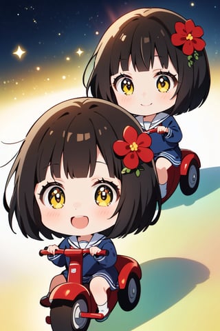 chibi,1 girl, 6 years old, riding tricycle,looking ahead with smile,gold light particle effect,bob cut,black hair,yellow eyes,red flower hair ornament,sailor suit,classmoreprism,(mio-XL)