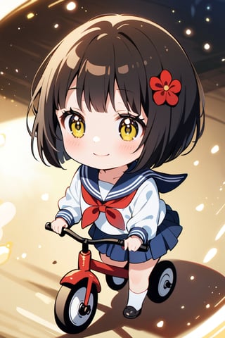 chibi,1 girl, 6 years old, riding tricycle,looking ahead with smile,gold light particle effect,bob cut,black hair,yellow eyes,red flower hair ornament,sailor suit,classmoreprism,(mio-XL)