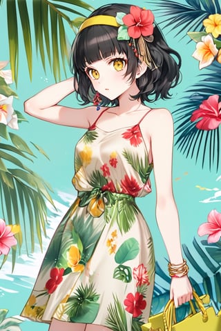 //Character
1Girl, short black hair, red flower diadem, yellow eyes,
Blake.
//Fashion 
Tropical Matte Satin Cami Dress
Tropical matte satin cami dress in bright coral color with tropical floral print incorporating shades of green, yellow and pink, 
BREAK
Accessories include wedge espadrilles, floral hair accessories, delicate gold anklets, a bamboo handbag and a lightweight kimono in complementary colors to complete the ensemble, perfect for a tropical vacation or beach party,
Blake.
