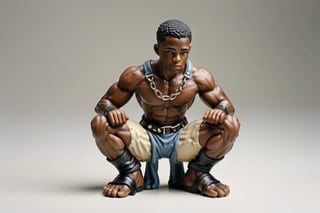 A full-color, delicately painted porcelain figurine depicting a kneeling, muscular 20-year-old black man in a leather harness and handcuffs and hands over head.The figurine is 6 inches high, barefoot, and exudes confidence and athleticism, with intricately detailed and perfect hands. It's displayed on a small white stand, placed on a coffee table in a party setting.