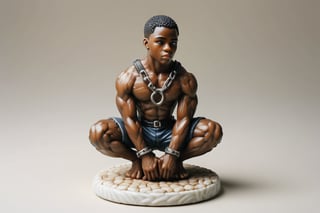 A full-color, delicately painted porcelain figurine depicting a kneeling, muscular 20-year-old black man in a leather harness and handcuffs and hands over head.The figurine is 6 inches high, barefoot, and exudes confidence and athleticism, with intricately detailed and perfect hands. It's displayed on a small white stand, placed on a coffee table in a party setting.