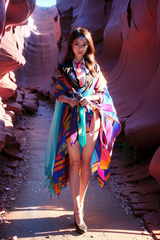 One girl at night , (glasses:1.3) ,  slightly smile ,(wearing colorful traditional indian's shawl and necktie:1.5), over sized eyes, drawn action: (the girl must be catwalking around the Antelope Canyon:1.4),(The wind blows her long hair:1.4), full body shot,cinema light ,HDR,white skin,1 girl ,solo,beauty,girl,shirt_lift