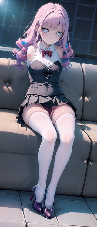 masterpiece, best quality, Ray tracing, hdr, volumetric lighting, 1girl, pink hair with beachy waves, (blank_eyes, blind eyes, white_eyes), and a slender figure, sitting on sofa, microskirt,panties(from below:1.3), (low angle shot:1.3),cameltoe view, downtown building outside, (formal, pencil skirt, colourful suit, colourful business suit, colourul blouse, sleeveless), thong_panties, (louboutins, so kates), ((very_long_hair)), (curly_hair), (full_body), (stockings), hinata(boruto), ((armless)), (amputee)