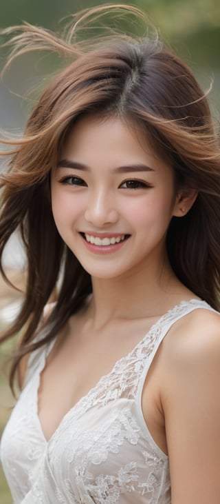 Girl 1, Ultra High Definition, Windblown Hair, Brown Eyes, Brown Hair, Japanese, Delicate Facial Features, Laughing, {{{Masterpiece}}}, {{Highest Quality}}, High Resolution, High Definition, Natural Poses in Everyday LifeGirl 1, Seconds High definition, wind blowing hair, brown eyes, brown hair, delicate facial features, smile, {{{masterpiece}}}, {{highest quality}}, high resolution, high quality, natural poses in everyday life, very realistic, best coordination, color ,design ,wide_shot,