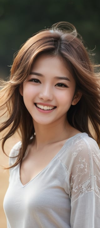 Girl 1, Ultra High Definition, Windblown Hair, Brown Eyes, Brown Hair, Japanese, Delicate Facial Features, Laughing, {{{Masterpiece}}}, {{Highest Quality}}, High Resolution, High Definition, Natural Poses in Everyday LifeGirl 1, Seconds High definition, wind blowing hair, brown eyes, brown hair, delicate facial features, smile, {{{masterpiece}}}, {{highest quality}}, high resolution, high quality, natural poses in everyday life, very realistic, best coordination, color ,design ,