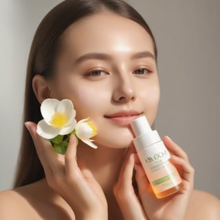 beautiful girl with a glowing face holding abloom toner