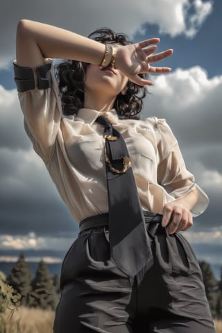 RAW photo, (highly detailed skin:1.2). 8k UHD, DSLR, soft lighting, Highly detailed. Film grain, Fujifilm XT3.,art_booster, 1girl, girl stands against the sky with her hand covering her face, in a blouse, rolled up sleeves, black curly hair, black pants, belt, длинный галстук