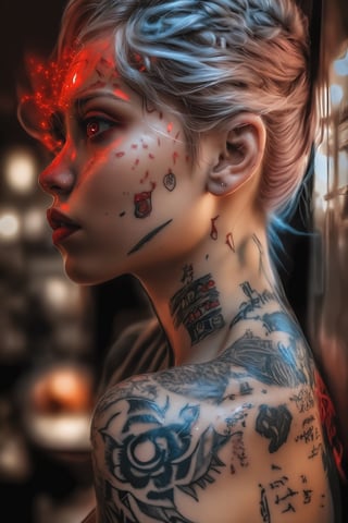  RAW photo, (highly detailed skin:1.2). 8k UHD, DSLR, soft lighting, Highly detailed. Film grain, Fujifilm XT3.,art_booster, 1girl, face, tatto, red eyes,