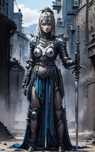 portrait of a warrior woman wearing a unique combination of metal and cloth armor, blending durability with flexibility. The armor should be designed to fit her body perfectly, providing both protection and freedom of movement. She wields a powerful two-handed sword in a confident and skilled manner, showcasing her expertise in combat. Capture the intensity in her eyes and the determination in her expression as she stands against a background that complements her warrior persona, such as a battlefield or a rugged landscape,HGS_1