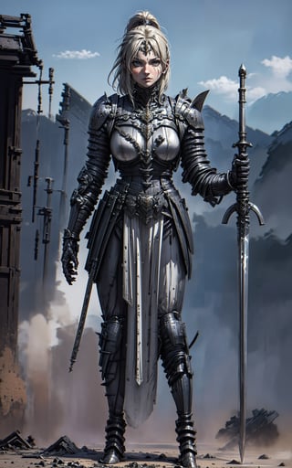 portrait of a warrior woman wearing a unique combination of metal and cloth armor, blending durability with flexibility. The armor should be designed to fit her body perfectly, providing both protection and freedom of movement. She wields a powerful two-handed sword in a confident and skilled manner, showcasing her expertise in combat. Capture the intensity in her eyes and the determination in her expression as she stands against a background that complements her warrior persona, such as a battlefield or a rugged landscape,HGS_1