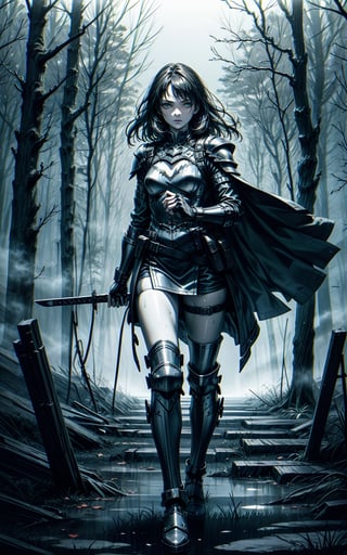 woman, late 20s, medium-length dark hair, armor, metal and cloth combination, designed for flexibility, fits her body, standing ready to fight, wielding a sword, confident grip, gloomy environment, mist-laden forest, intricate designs, durable metal, flexible cloth, ease of movement, focused expression, determined, piercing eyes, somber ambiance, shrouded in fog, twisted trees, eerie light, long shadows, mysterious atmosphere, foreboding, fallen leaves, damp earth, desolation, unease,holding a sword,battoujutsu