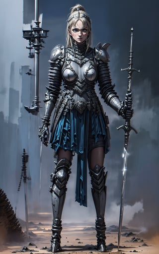 portrait of a warrior woman wearing a unique combination of metal and cloth armor, blending durability with flexibility. The armor should be designed to fit her body perfectly, providing both protection and freedom of movement. She wields a powerful two-handed sword in a confident and skilled manner, showcasing her expertise in combat. Capture the intensity in her eyes and the determination in her expression as she stands against a background that complements her warrior persona, such as a battlefield or a rugged landscape,HGS_1