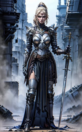 portrait of a warrior woman wearing a unique combination of metal and cloth armor, blending durability with flexibility. The armor should be designed to fit her body perfectly, providing both protection and freedom of movement. She wields a powerful two-handed sword in a confident and skilled manner, showcasing her expertise in combat. Capture the intensity in her eyes and the determination in her expression as she stands against a background that complements her warrior persona, such as a battlefield or a rugged landscape,HGS_1