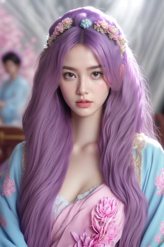 This is a digital artwork by an unknown artist characterized by a highly detailed and realistic style. The composition centers on a woman with voluminous, violet hair adorned with wreaths of flowers and ornate hairpieces. She gazes confidently at the viewer, her expressive face and pose conveying grace. She wears an elaborate, traditional blue robe embellished with intricate floral patterns in pink and white. The background is softly blurred with subtle light beams, enhancing the ethereal and regal feel of the portrait. The overall effect is both captivating and enchanting, merging elements of fantasy with traditional elegance.