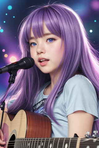 (((Masterpiece))), beautiful Asian girl (with beautiful bright blue eyes, long thick eyelashes, beautiful long purple wavy hair, slightly opened lips, singing. Playing the guitar and singing, the atmosphere is warm and pleasant. Art alcohol, Abstract details. Weiss Anderson style pier, pastel tones, retro vibe. Looking at the viewer, background: cosmic space.
Magic space.