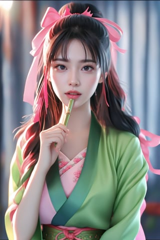 This image showcases a hyper-realistic illustration, possibly by a digital artist. The composition centers on a young woman with elaborate detail, emphasizing her lifelike features. She has long, flowing hair with a pink ribbon and wide, expressive eyes. She wears a pink and green traditional attire and holds a bamboo stick in her mouth, reminiscent of a popular anime character. The background is slightly blurred, focusing attention on the subject. Her expression is contemplative, with one finger touching her cheek. The lighting accentuates her natural complexion, enhancing the realism of the artwork.