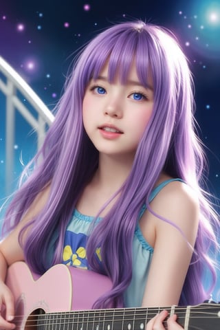 (((Masterpiece))), beautiful Asian girl (with beautiful bright blue eyes, long thick eyelashes, beautiful long purple wavy hair, slightly opened lips, singing. Playing the guitar and singing, the atmosphere is warm and pleasant. Art alcohol, Abstract details. Weiss Anderson style pier, pastel tones, retro vibe. Looking at the viewer, background: cosmic space.
Magic space.